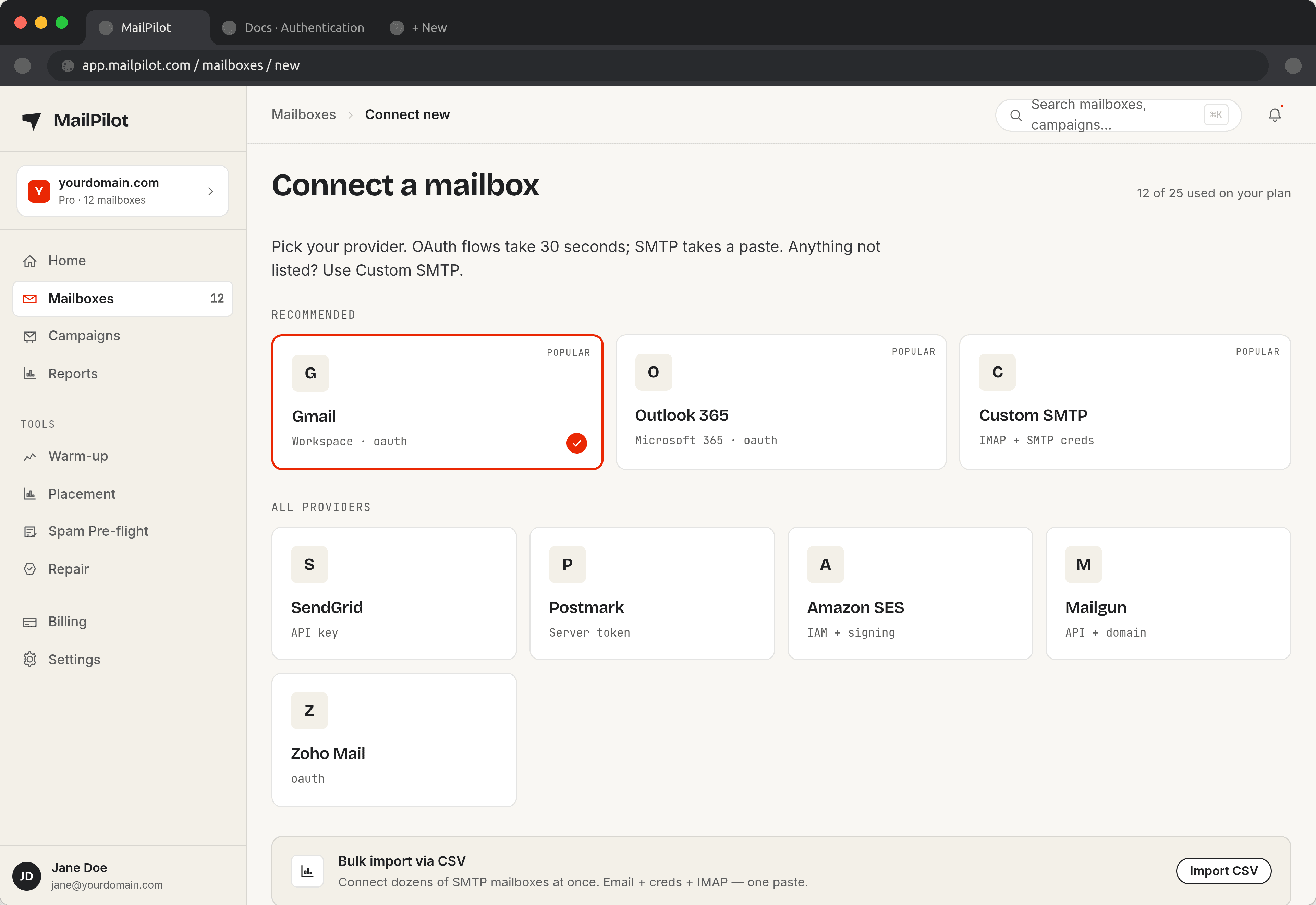 MailPilot connect mailbox screen showing Google Workspace and Microsoft 365 bulk connect options alongside individual IMAP and OAuth connection methods