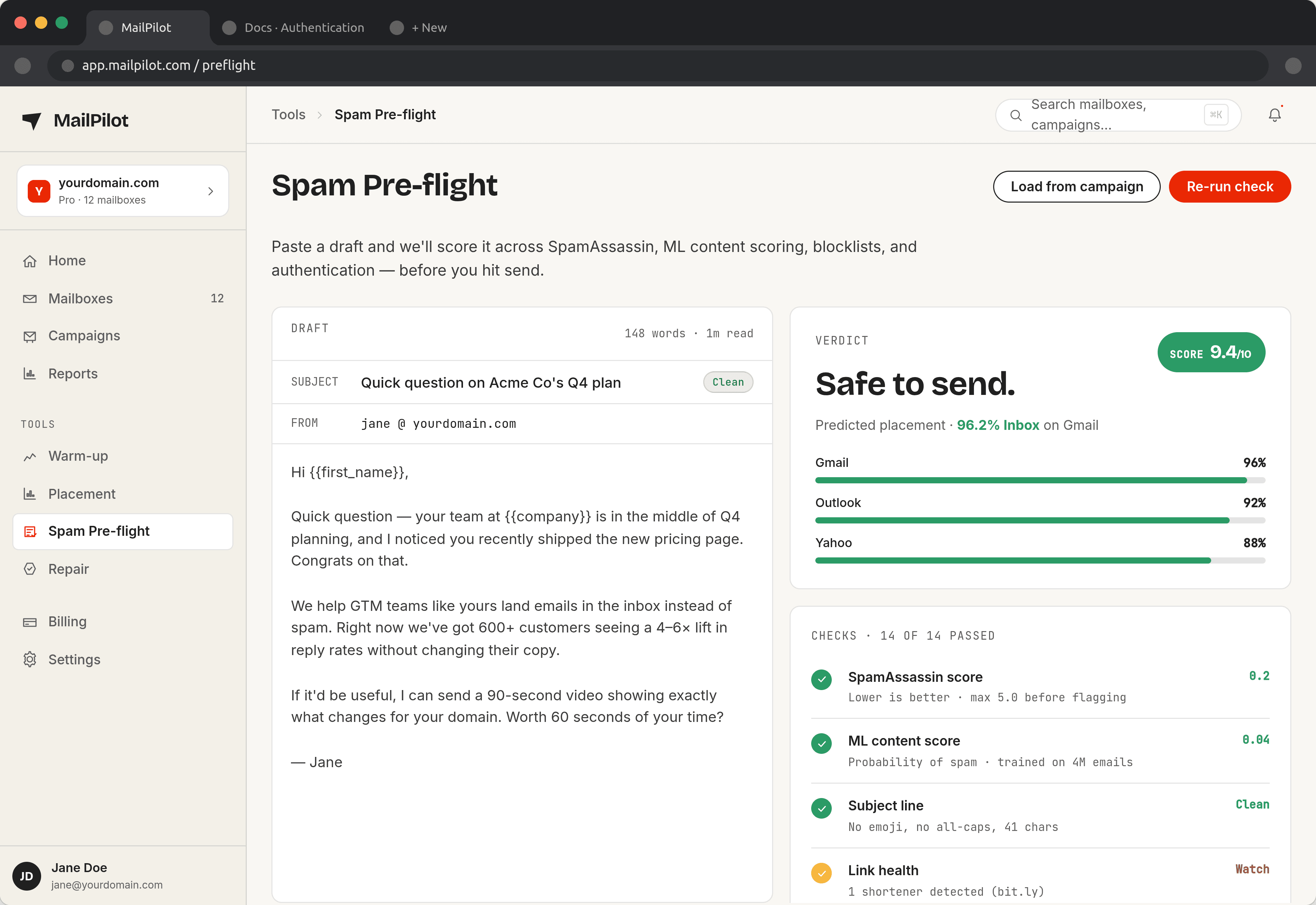 MailPilot Spam Pre-flight scoring an email draft with per-check results for subject line, spam trigger phrases, link health, authentication and blocklists