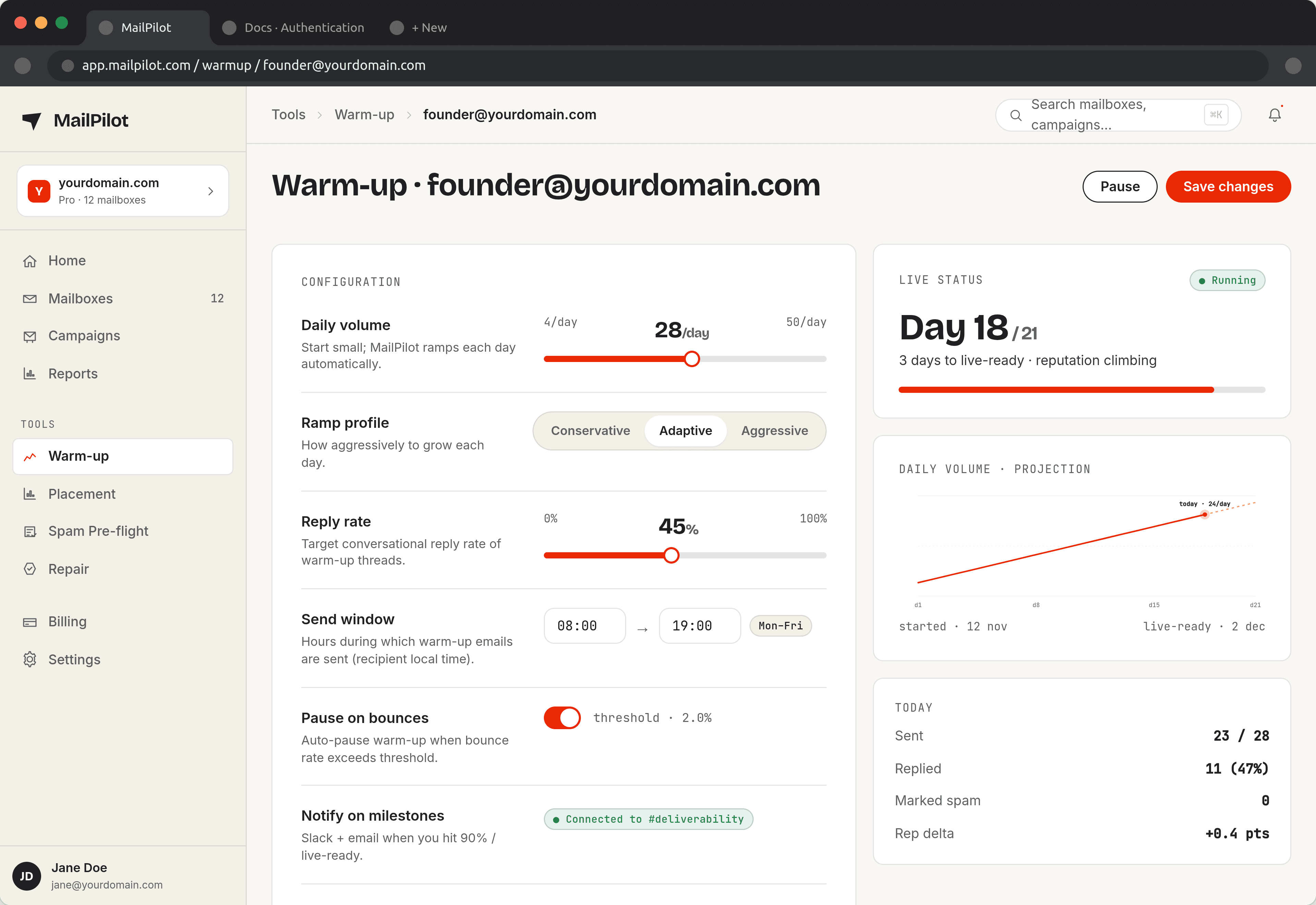 MailPilot warmup ramp settings showing initial daily volume, daily increase, maximum sending limit and a day-by-day projection of emails sent